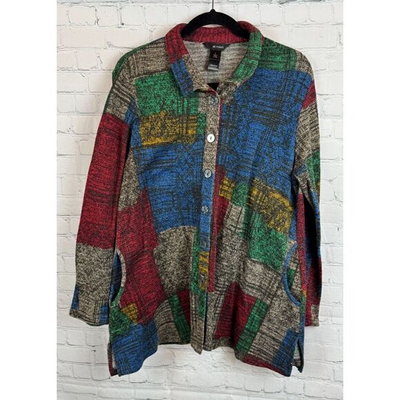 ALI MILES multicolor A-line button down knit shirt blouse cardigan size L - Picture 1 of 9